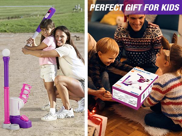 T-ball Set for Toddlers 3-5 Tee Ball Set with Step on Pitching Machine Adjustable Batting Tee Retractable Baseball Bat 8 Pop Up Balls Outdoor Sport Toy Games for Kids Girls