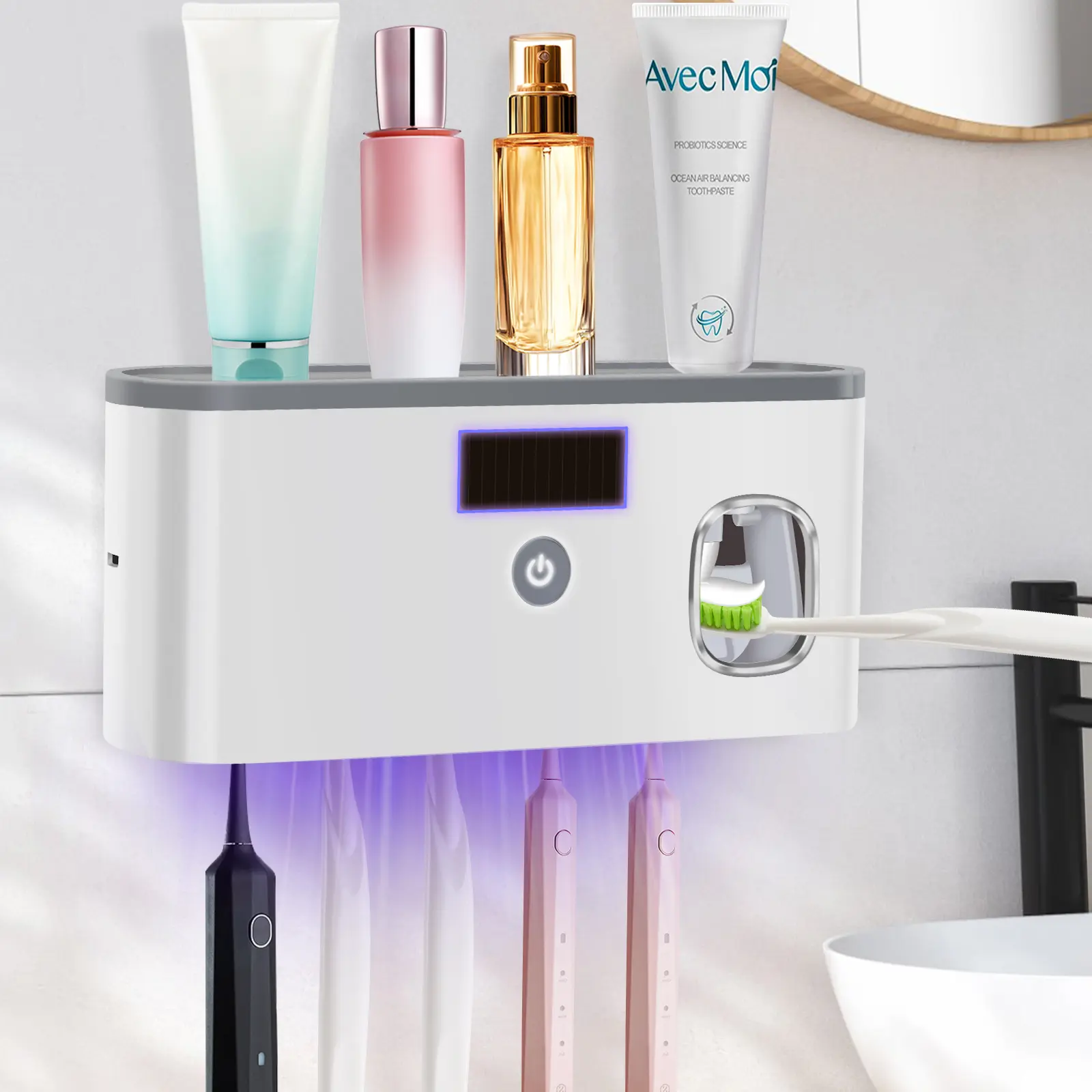 PHANCIR Upgraded Toothbrush Holder for Bathrooms,5 Slot Wall Mount Toothbrush Sanitizer & Timing Function Wall Mounted with Toothpaste Dispenser for Electric / Regular Toothbrush