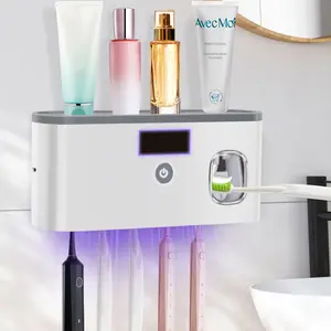 SummerVibes PHANCIR Upgraded Toothbrush Holder for Bathrooms,5-Slot Wall Mount Toothbrush Sanitizer & Timing Function Wall Mounted with Toothpaste Dispenser for Electric / Regular Toothbrush