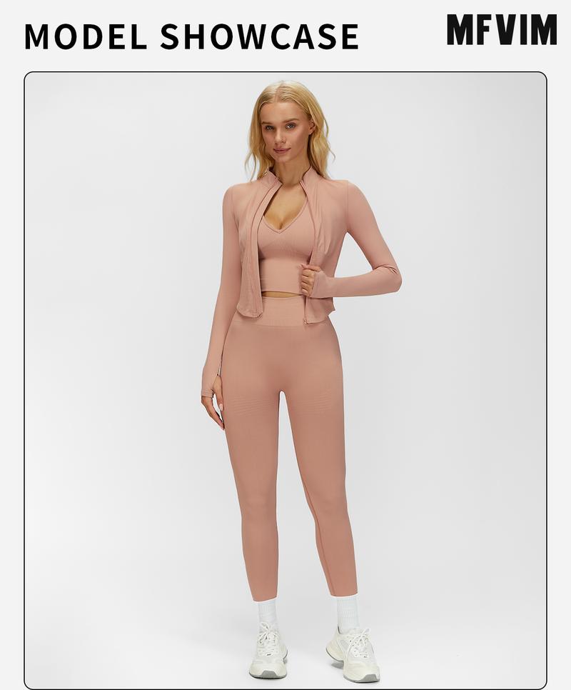 MFVIM Women's Solid Criss Cross Crop Tank Top High Waist Leggings Zip Up Crop Jacket Tracksuit Set Breathable Comfortable Yoga Workout Gym Athletic Activewear Textured Sweatsuit Thermal Lined Sports