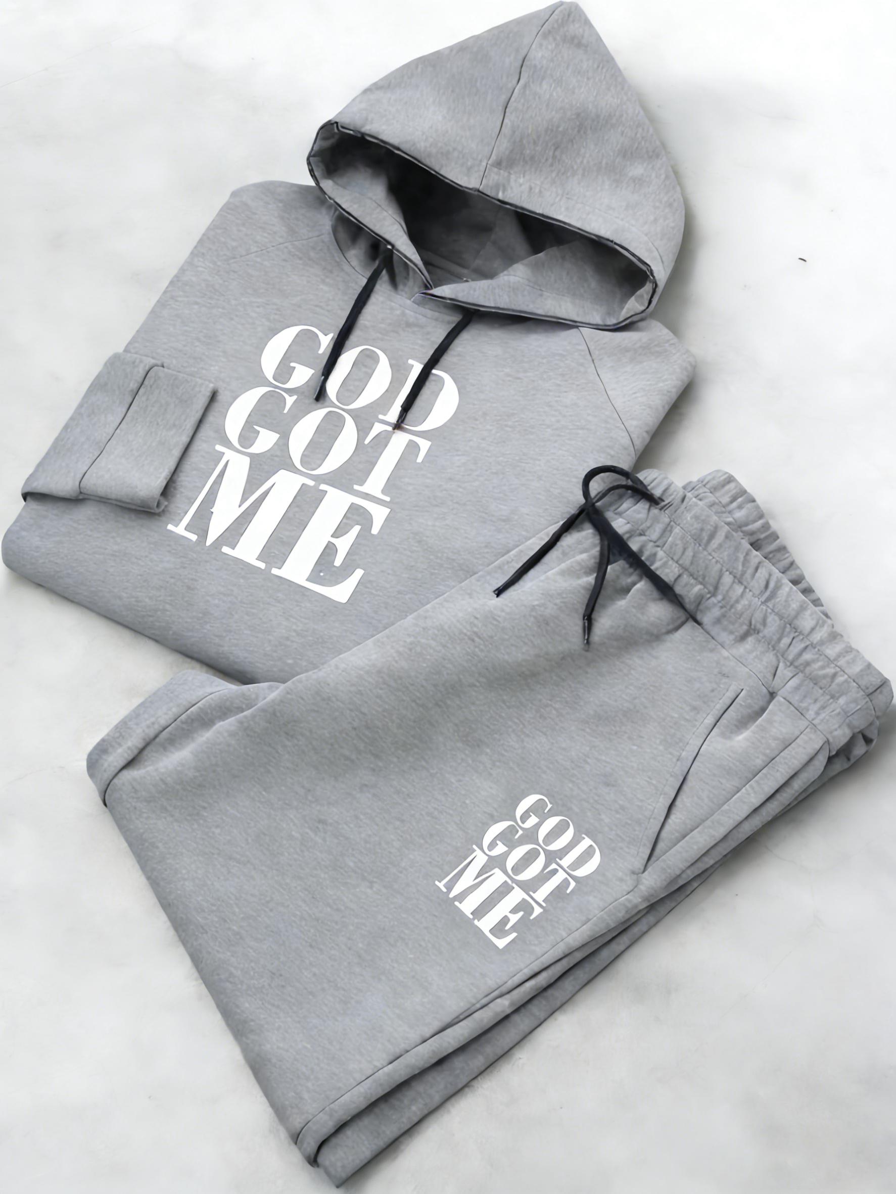 Men's Fashion Casual Two-Piece Set 'GOD GOT ME' Graphic Print Tracksuit - Pullover Hoodie & Sweatpants, Regular Fit, Suitable for Casual Daily Streetwear and Stylish Leisurewear