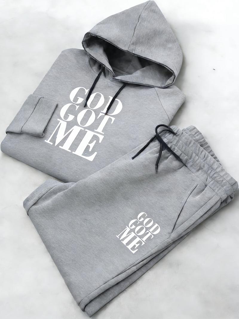 Men's Fashion Casual Two-Piece Set 'GOD GOT ME' Graphic Print Tracksuit - Pullover Hoodie & Sweatpants, Regular Fit, Suitable for Casual Daily Streetwear and Stylish Leisurewear