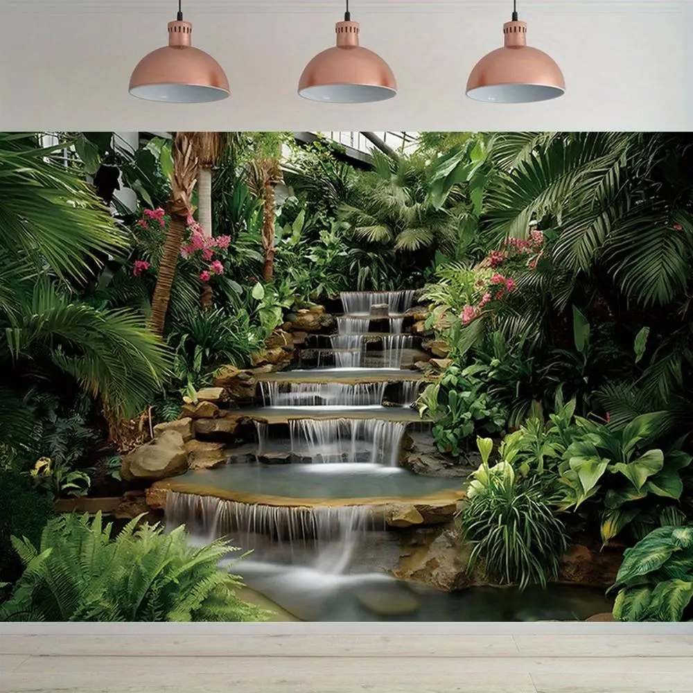 1PC,2D Flat Tropical Rainforest Waterfall Landscape Tapestry, Natural - style Decorative Backdrop for Bedroom & Living Room, Photography Background Cloth for Live Stream, Dorm Renovation Wall Hangin, Birthday, One-Piece