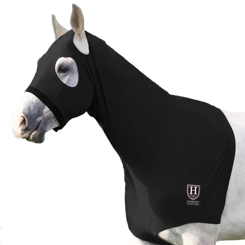 Harrison Howard Equestrian Earless Stretch Hood - Adjustable Fit, Snug Zip-Closure Face & Neck Cover, Mane/Chest/Withers Wrap, Stretch Fabric for Show Prep, Equestrian Health Supplies That Keeps Horse Comfortable & Prevents Discomfort