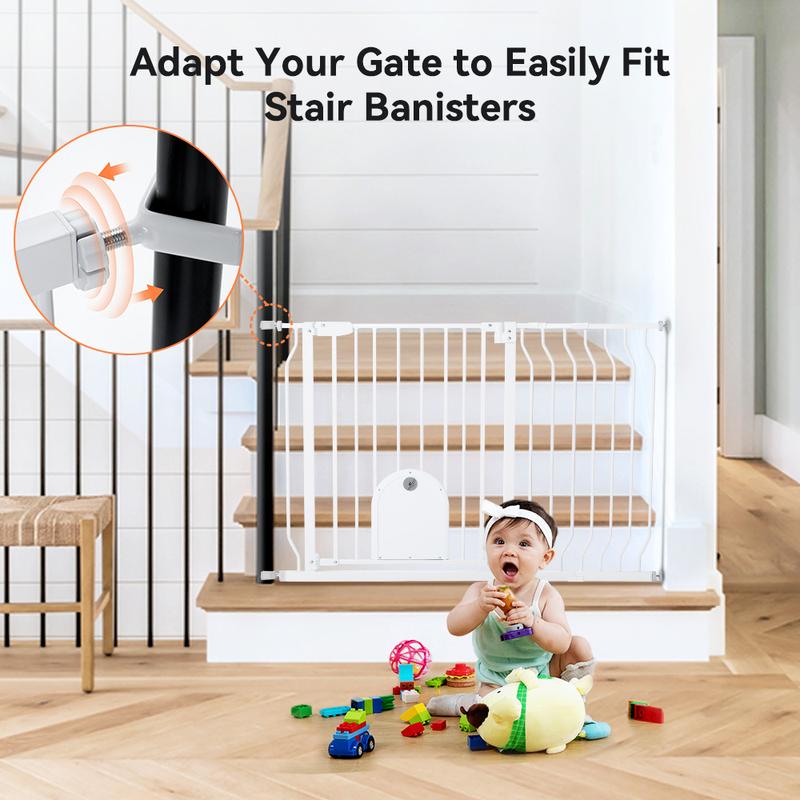 29.5-48.4" Baby Gate with Adjustable Cat Door,Extra Wide Metal Cat Gate for Stairs Doorways, Auto Close Dog Gate with Pet Door for House, Pressure Mounted Easy Walk Through (30" Tall, White)
