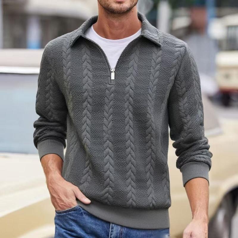 Men's Autumn Winter Cable Knit Long Sleeve Polo Shirt, Suitable for Everyday Wear, Vintage Ribbed Zip-Up High Collar with Quarter-Zip Design, Casual Versatile Fashion Pullover, A Must-Have for Men's Wardrobes