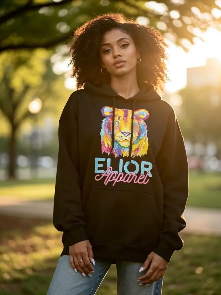 Elior Apparel Signature Lion Hoodie Black Gildan Pullover with Vibrant Colorful Lion Graphic Comfortable Fit for Casual Wear