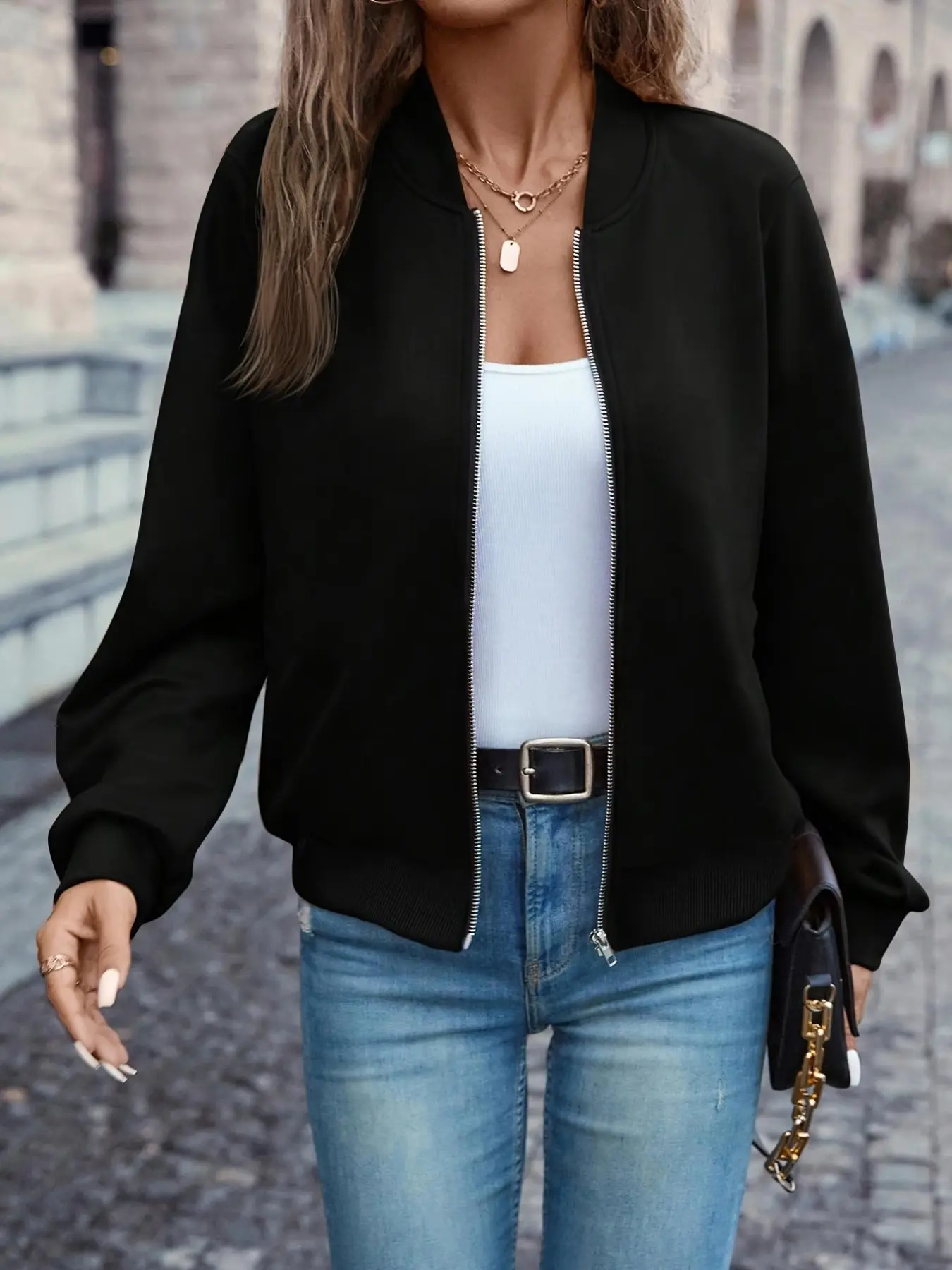 New Women's Spring Basic Casual Coat Jackets Stand Collar Ribbed Edge Zipper Design Elegant Aesthetic Fashion Commuter Versatile High-End Feel Long Sleeves Casual Fashionable Jacket