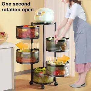 3/5-Tier Rotatable Round Metal Storage Organizer - No Assembly Required, Smooth Surface, Mesh Design, Kitchen Supplies Holder, House Organizers for Fruit & Vegetable Basket