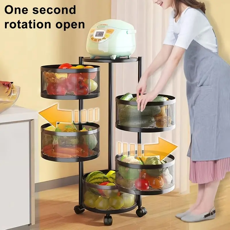 3/5-Tier Rotatable Round Metal Storage Organizer - No Assembly Required, Smooth Surface, Mesh Design, Kitchen Supplies Holder, House Organizers for Fruit & Vegetable Basket