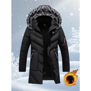 Men's Winter Hooded Thermal Cotton Coat - Dry, breathable, windproof full-zip outer jacket with soft polyester lining. Removable fur collar. Suitable for cold weather wear. Machine washable. Regular fit. Men's winter mid-length thermal coat.