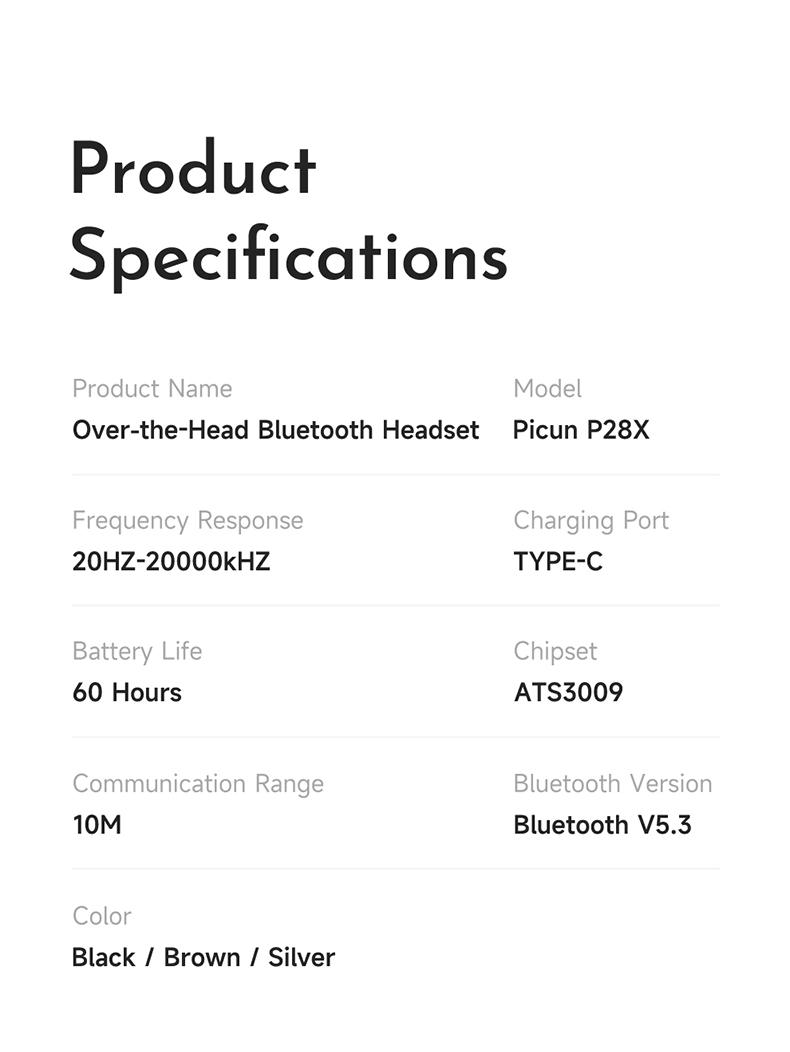 Picun P28X Wireless Bluetooth Earbud Headset, Over-ear, Bluetooth 5.3, 24H Playback, EQ Mode, Microphone, Foldable, Electronic Audio, for Travel & Gaming Audio Electronic Headphone