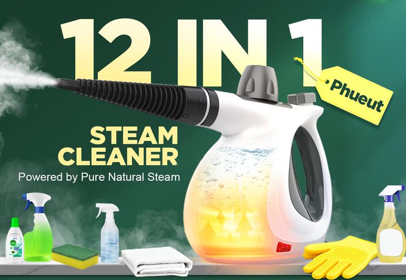 Phueut Pressurized Handheld Multi-Surface Natural Steam Cleaner with 12 pcs Replacement Parts , Multi-Purpose Steamer for Home Use, Kitchen and Car