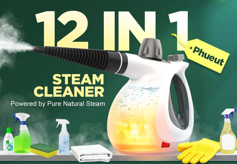 Phueut 1050W 110V Pressurized Handheld Natural Steam Deep Cleaning Machine - Compact Corded Lightweight Multi-Surface Unit for Kitchen, Cars, with 12 Replacement Parts (4 Round Brushes), Child-Safe Cap, Cleaning Supplies Compatible