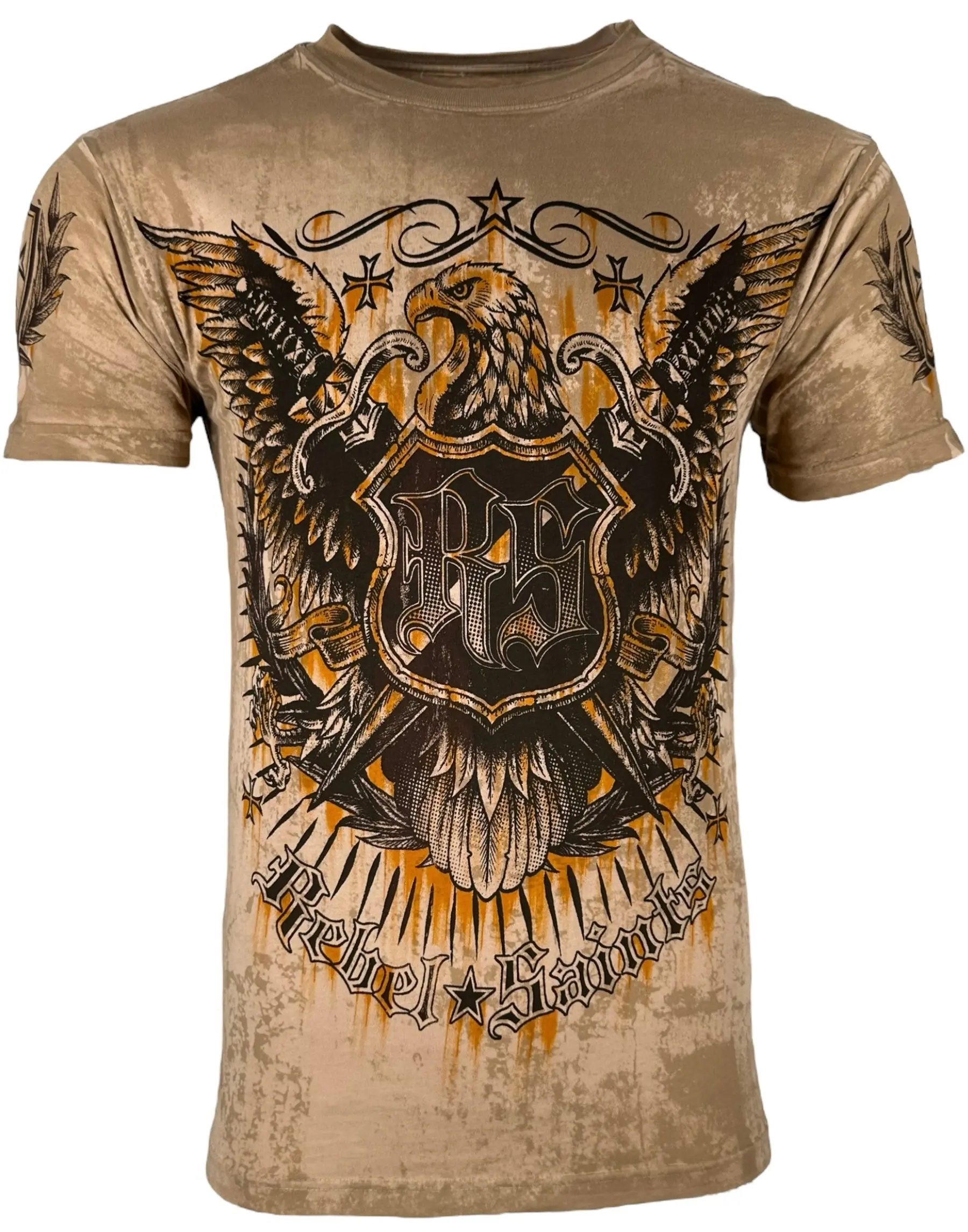 Affliction Rebel Saint Men's Short-Sleeve Casual Crew Neck Menswear Top, Golden Age Graphic T-Shirt, Shortsleeve, Tops