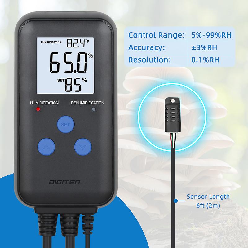 DIGITEN Humidity Controller Pre-Wired Digital Humidistat with Temperature Display, Dual-Stage Outlet Humidifier /Dehumidifier for Mushroom,Reptile, Greenhouse, Fan, Grow Tent