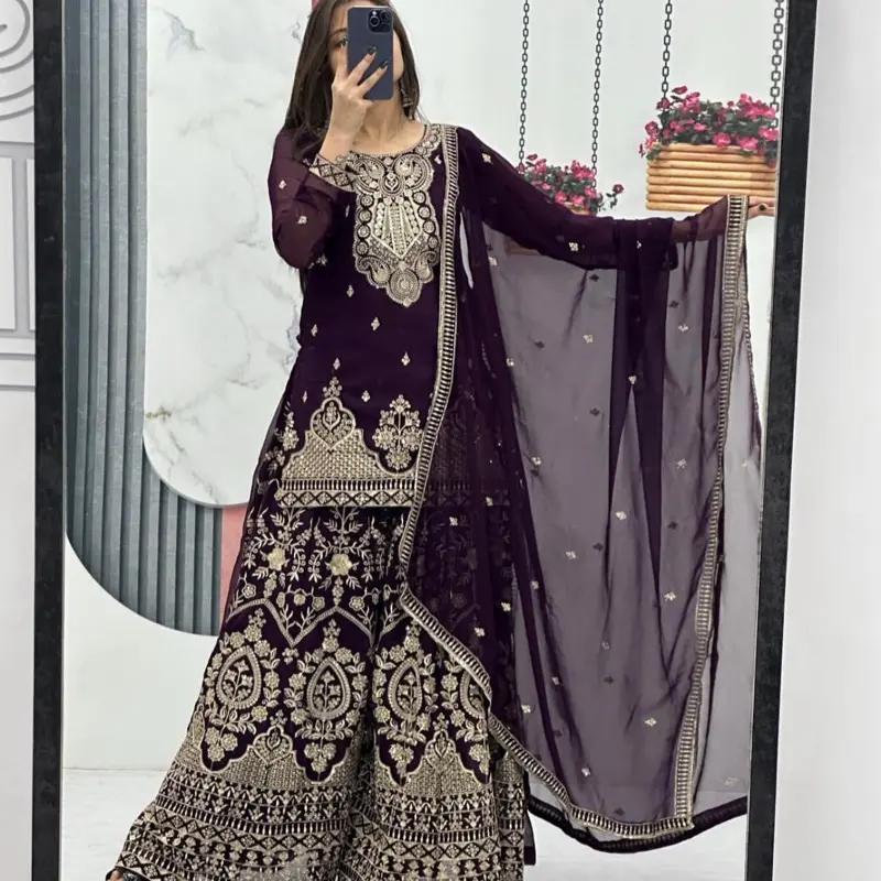 Women's Indian Panjabi Suit in Rich Purple with Intricate Embroidery and Matching Dupatta, Original Clothes for Festive Wear, Asian, Lady, Party, Evening, Loose-Fitting, Women's Clothes