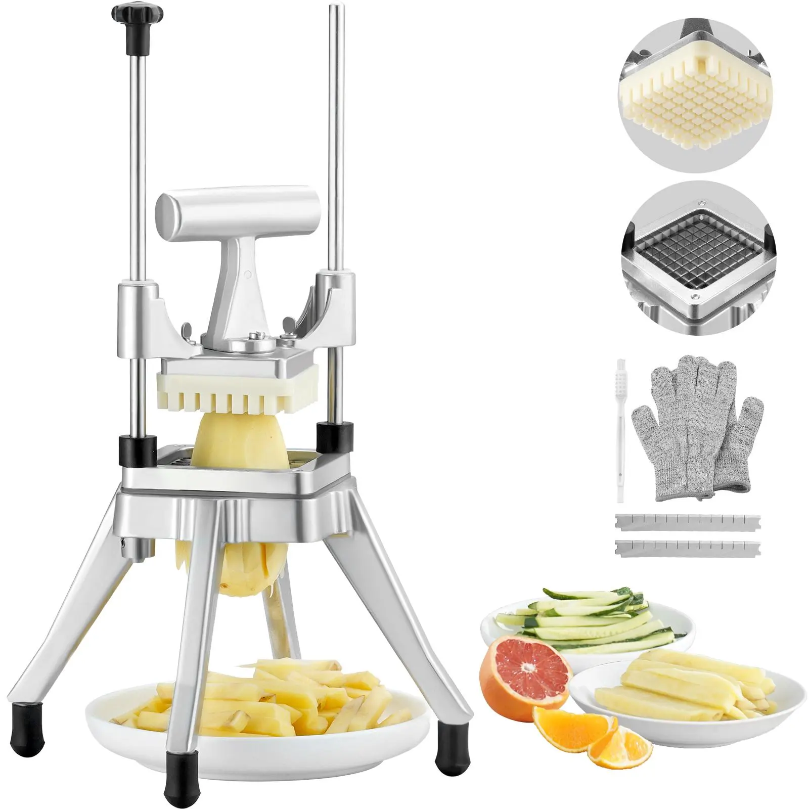 【Backtoschool】VEVOR Commercial Kitchen Veggie Chopper - 3/8" Stainless Steel Blade Heavy-Duty Professional Food Dicer, Kattex French Fry Cutter, Onion Slicer for Fruits, Carrots, Potatoes, Tomatoes, Peppers, Mushrooms - Silver Aluminum, 3/8" Blade