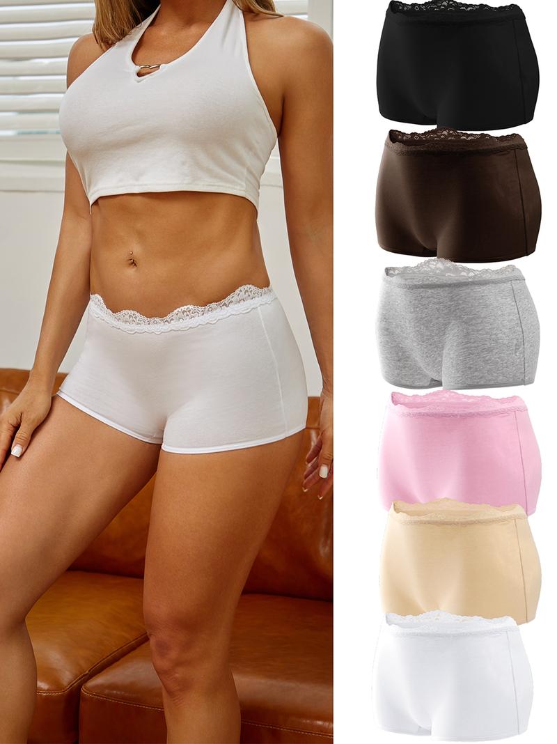 FINETOO 6pcs Boyshort Underwear for Women Cotton Boxer Briefs Full Coverage Ladies BoyShorts Panties  Lace Wave Design Sweet Ladies Panties S-2XL