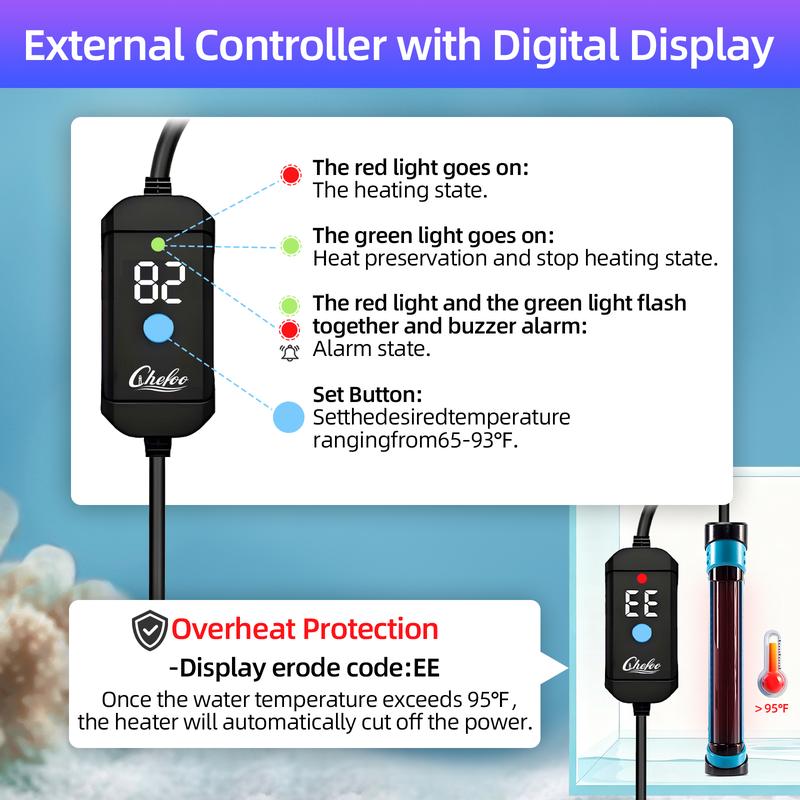 Chefoo 200W Submersible Aquarium Heater Adjustable Fish Tank Heater with Digital Display External Controller Overheat Protection & Free Thermometer for 10-30 Gallons Freshwater Saltwater Tank