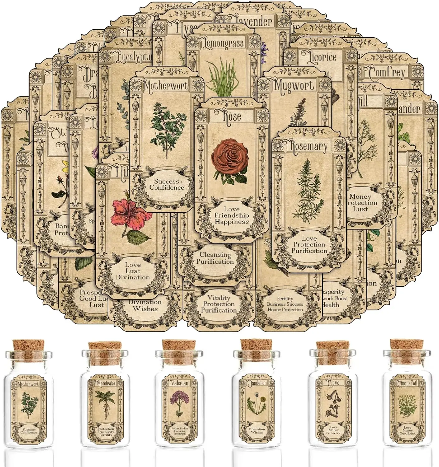 72-Piece Vintage Herb and Spice Jar Label Set for Apothecary Storage Organization