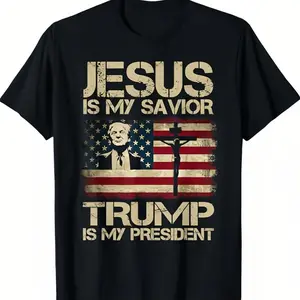 Jesus is My Savior, Trump is My President, Trump 2025 USA Flag T-Shirt, printed in the USA Campaign Tee Classic