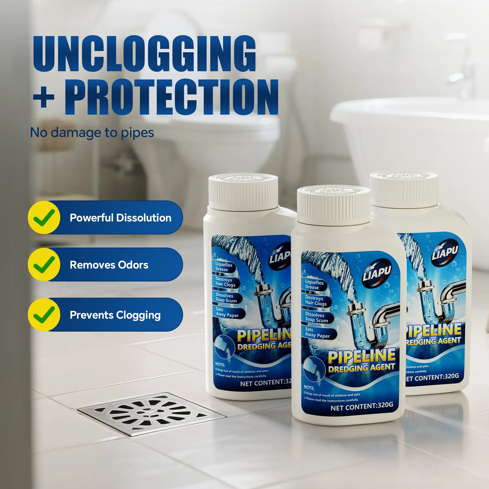 Liapu Powerful Non-Corrosive Drain Cleaner - Kitchen/Toilet Pipeline Clog Remover, Garbage Disposal Cleaner, 200+ Blockage Dissolver, 99% Bacterial Kill Formula, Fast-Acting 320g Household Cleaning Agent