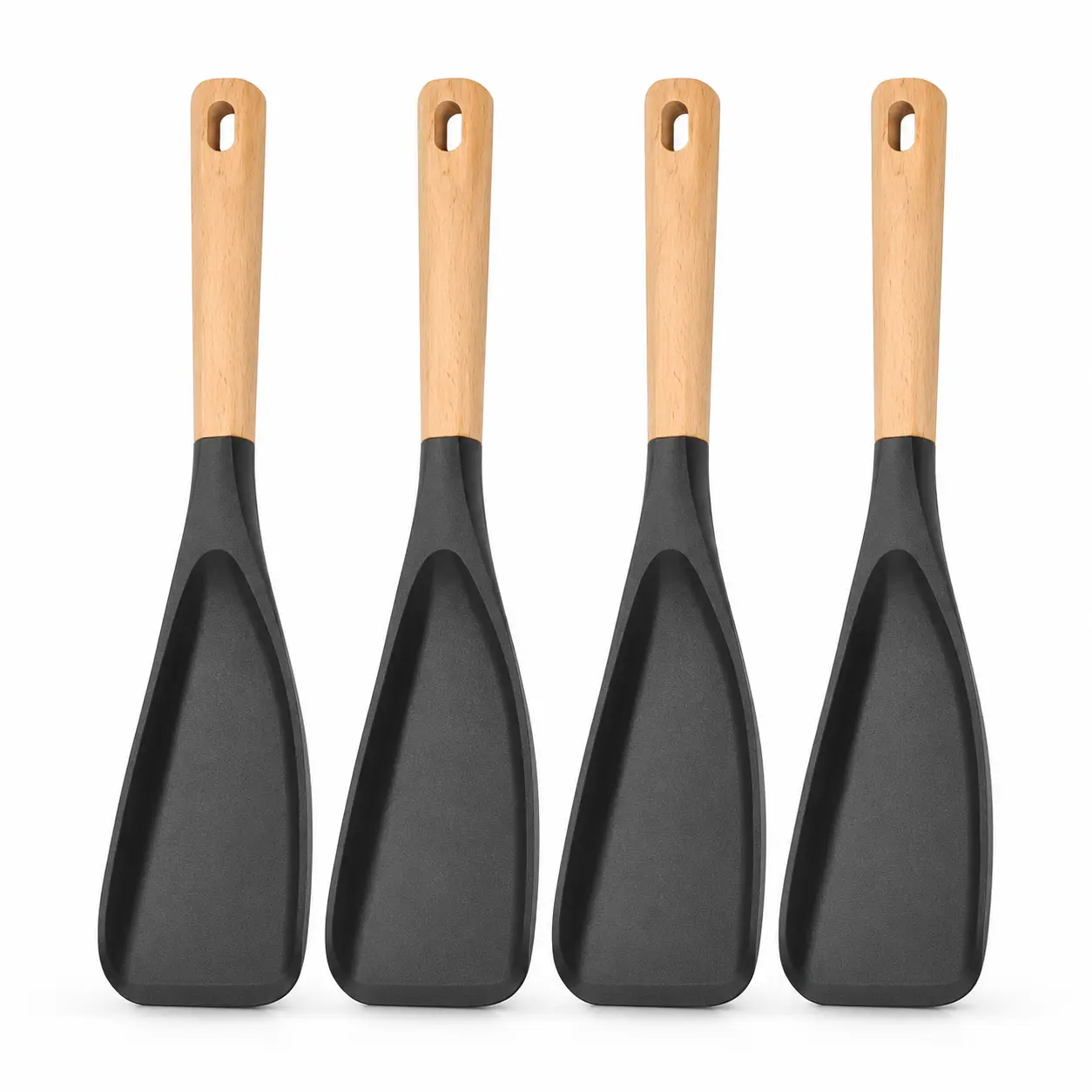 4-Pack Silicone Salad Serving Spatula Set, Wooden Handle Kitchen Utensils, Wide Scoop Turner Spoons for Mixing, Tossing, Black Nonstick Cookware Tools, Hanging