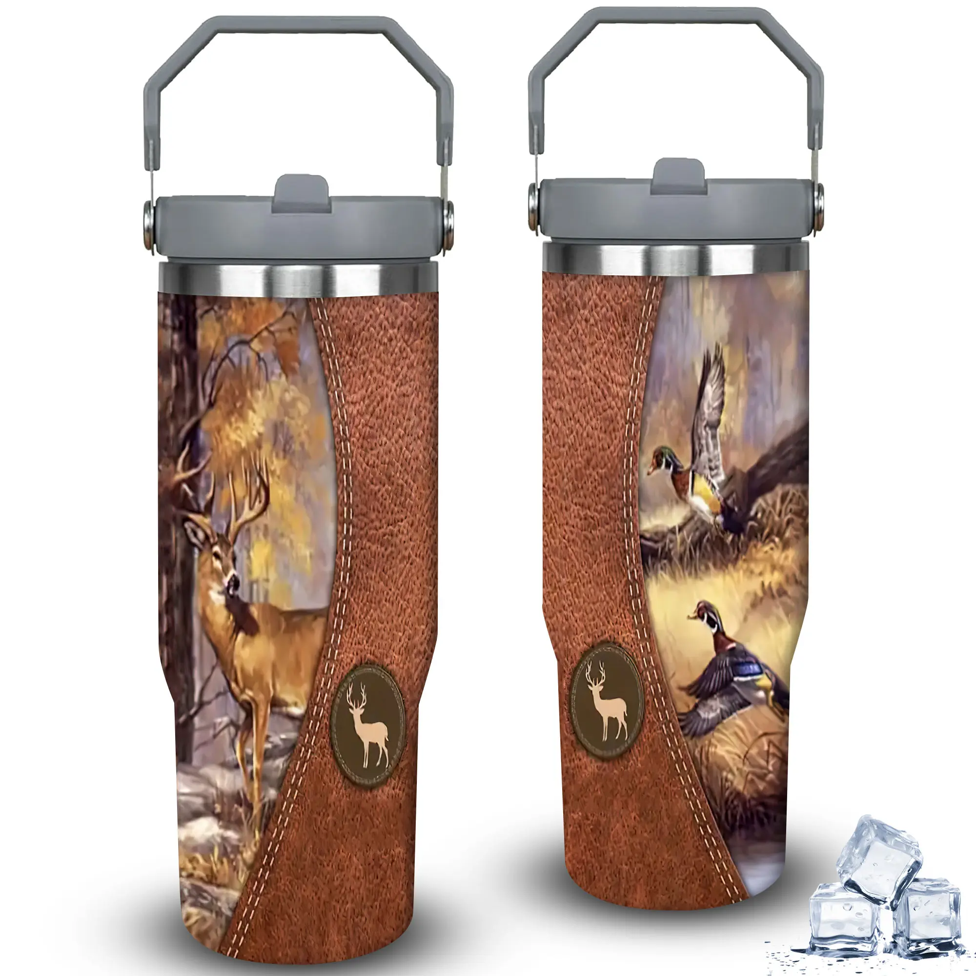 1pc 30oz Deer and Duck Art Insulated Drink Tumbler with Lid - Portable Vacuum Insulated Tumbler, Kitchenware Travel Coffee Mug, Gift for Women, Ideal for Halloween, Birthday, Unique Item, Portable Insulated Tumbler