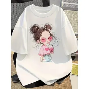 Adorable Cartoon Print Short Sleeve Round Neck T Shirt Perfect for Summer Women Loose Fit Comfortable