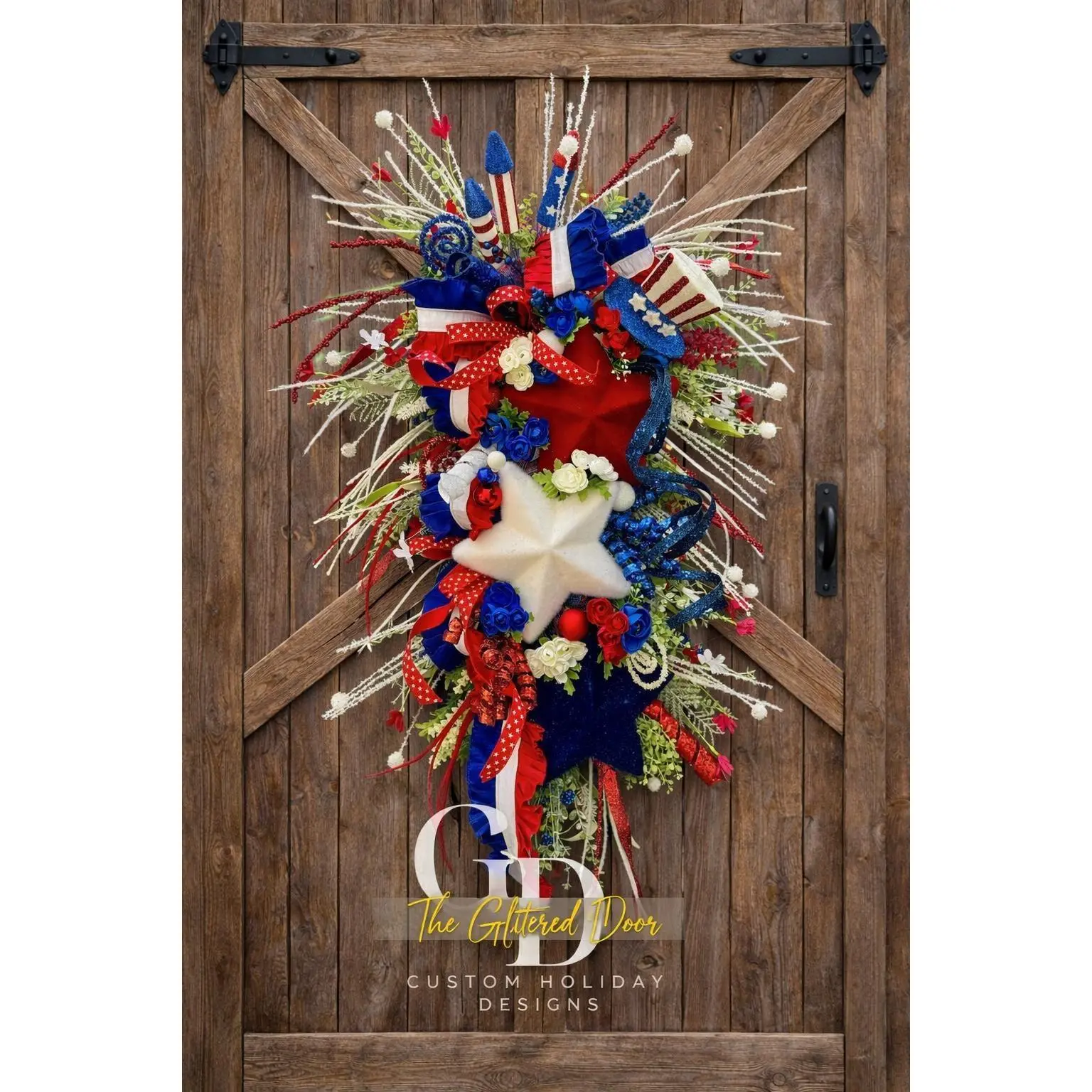 Patriotic Summer Wreath - Red White and Blue Stars Door Decor for Memorial Day and 4th of July