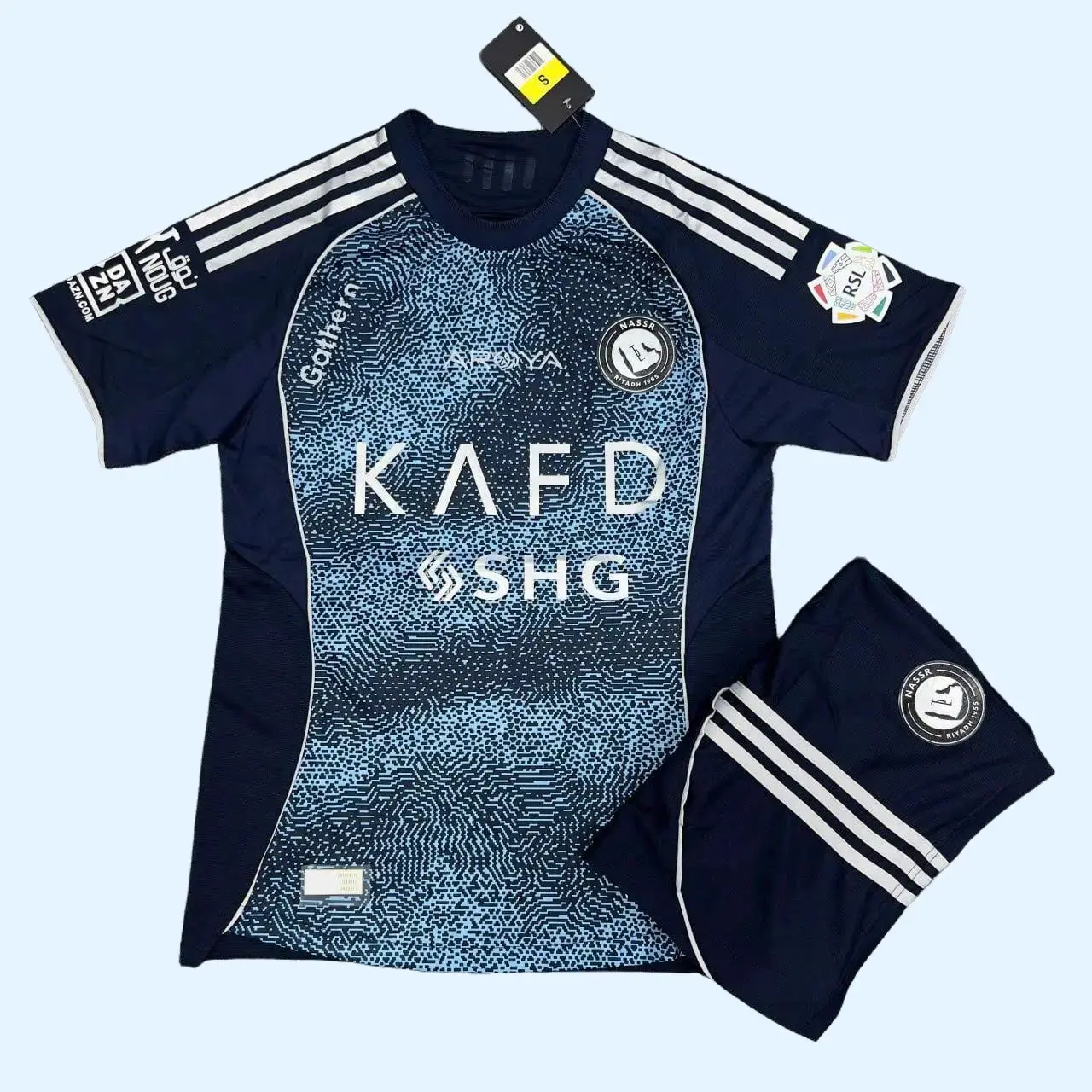 Al-Nassr Away Soccer Jersey (Free Matching Shorts Included) Navy Blue Cyan Digital Pattern Football Kit | Short Sleeve Shirt Set | Saudi Pro League Fan Gift