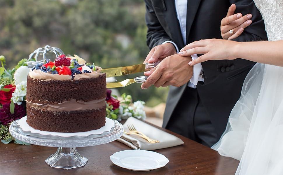 Cake Knife and Server Set, Cake Cutter and Pie Spatula, Gold Blade and Faux Crystal Handle Wedding Cake Cutting Set, Stainless Steel Gold Knife Set for Party, Birthday, and Anniversary