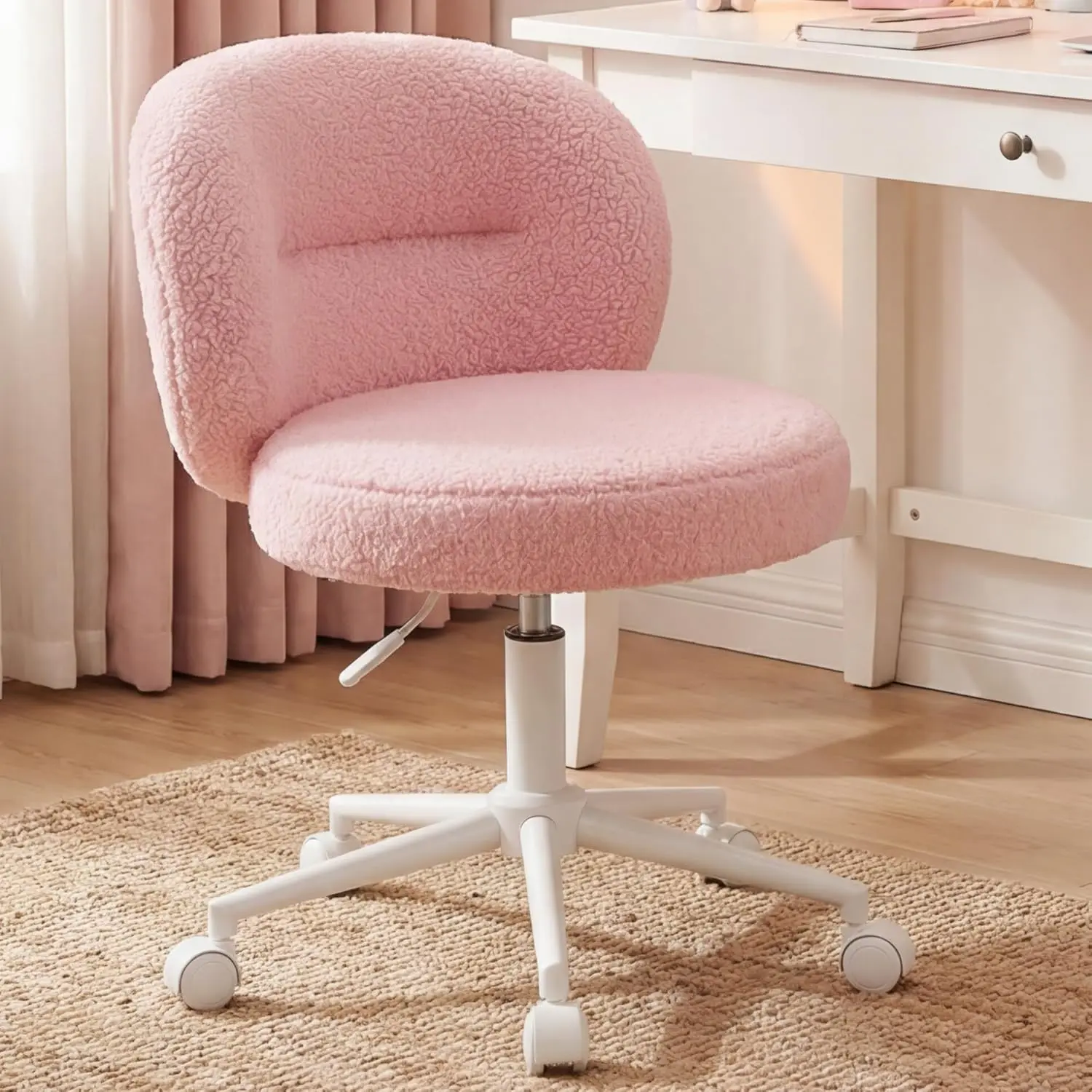 Raybee Small Round Vanity Chair with Wheels, Armless Home Office Desk Chairs with Back, Height Adjustable & 360° Swivel, Cute Comfy Vanity Computer Chair for Bedroom, Home Office