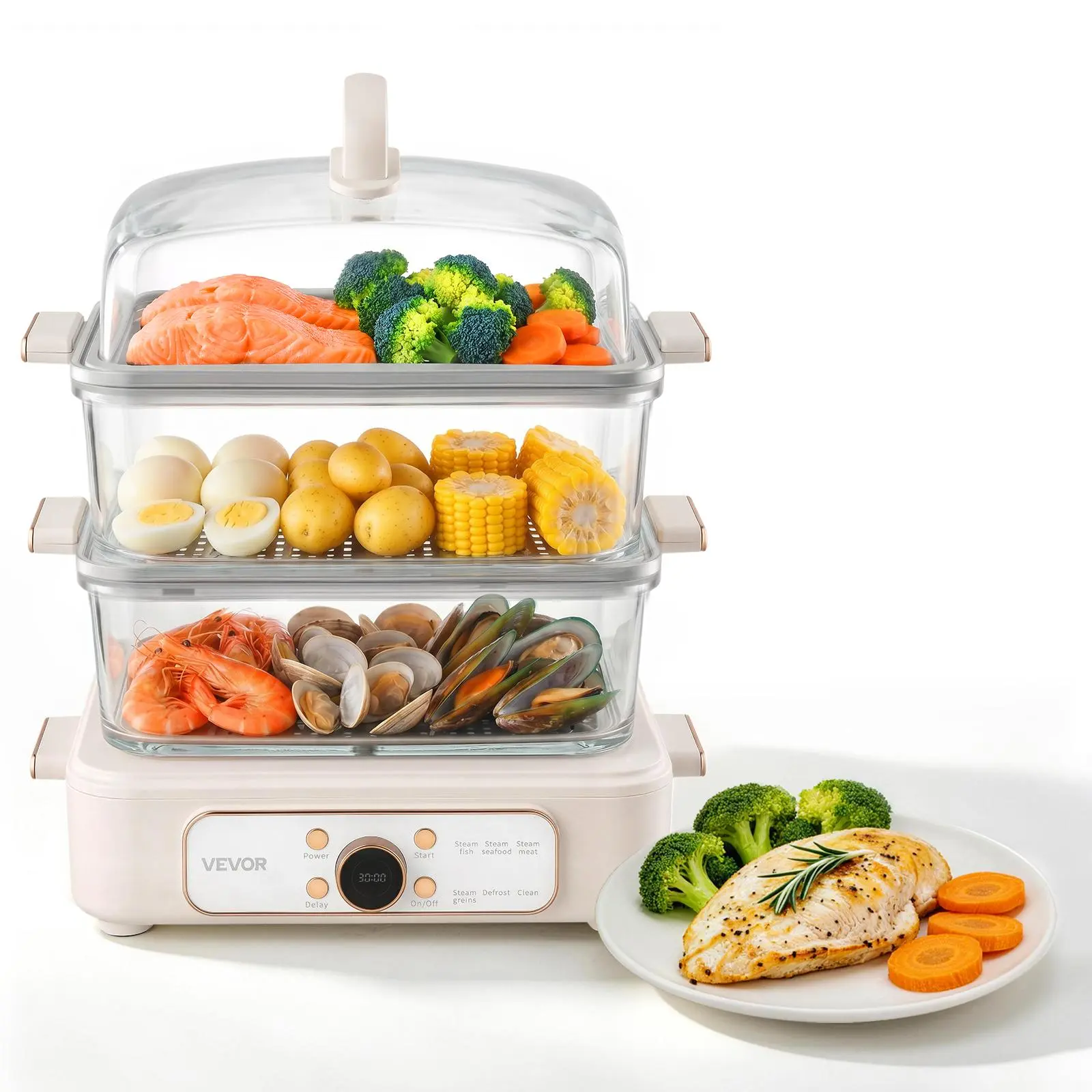 【Summerfinds】VEVOR 1200W Electric Food Steamer - 10.6 QT Glass, 3-Tier Stainless Steel Trays, Pre-Programmed Settings, Delay Start, 2-4 Servings Kitchen Appliance for Veggies, Seafood, Kitchen Appliances, Clean Mode, Multi-Cooking