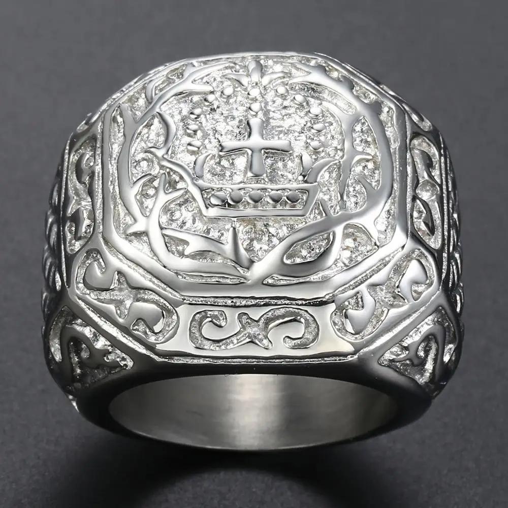 316L Stainless Steel Men's Rock N Roll Ring with Carved Cross Crown Fashion Jewelry Gift