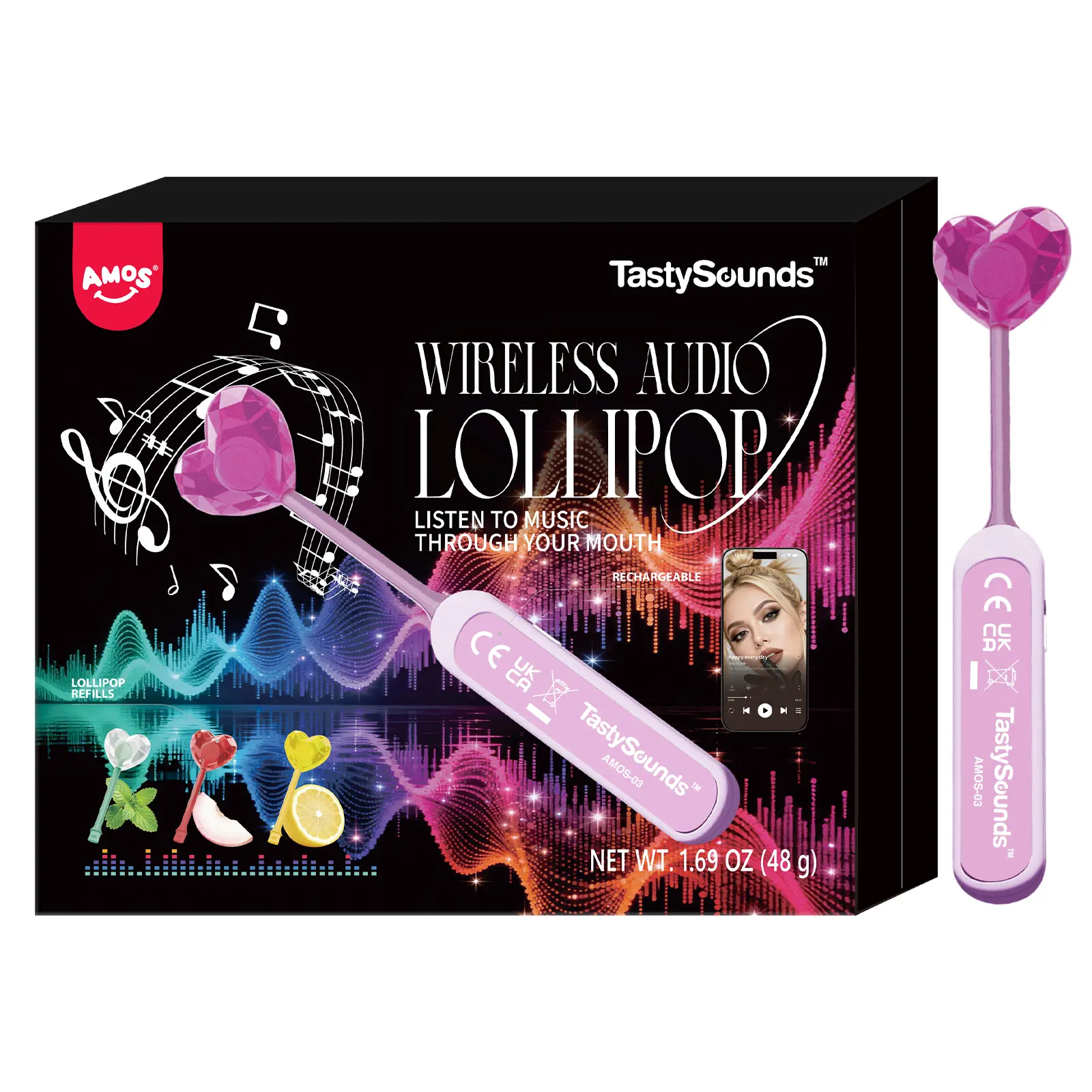 AMOS Wireless Audio Lollipop Gift Box – Bone Conduction Music Candy, Multi-Flavor Variety Pack, Rechargeable Singing Lollipop, Unique Tech Sweet for Parties & Gifts Pre-Sale-B