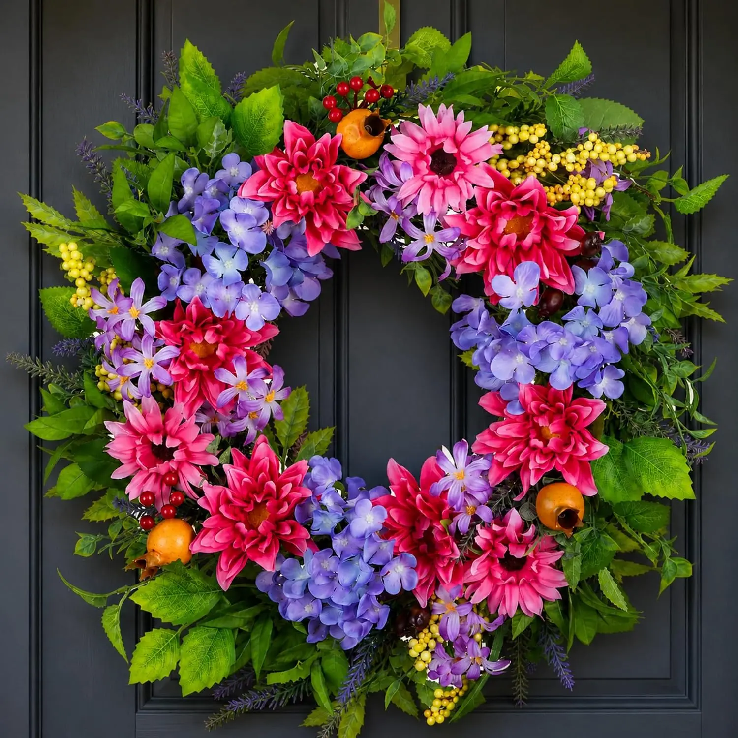 NUPTIO Summer Wreath for Front Door: 24 Inch Spring Wreaths for Outdoor | with Hydrangea, Lavender, Lilac, Dahlia, Gerbera, Hanger, Realistic Artificial Flowers Holiday Decor for Wall Window Porch