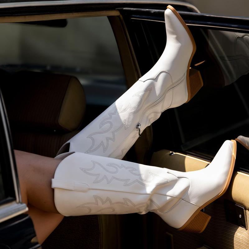 【Valentine's Day Gift】Women's Western Cowboy Boots - Wide Calf Knee-High Cowgirl Boots with Classic Embroidery Slip-On Pointed Toe Chunky Heel Retro Fashion Tall Boots for Fall Fashion White Walking Shoes Footwear