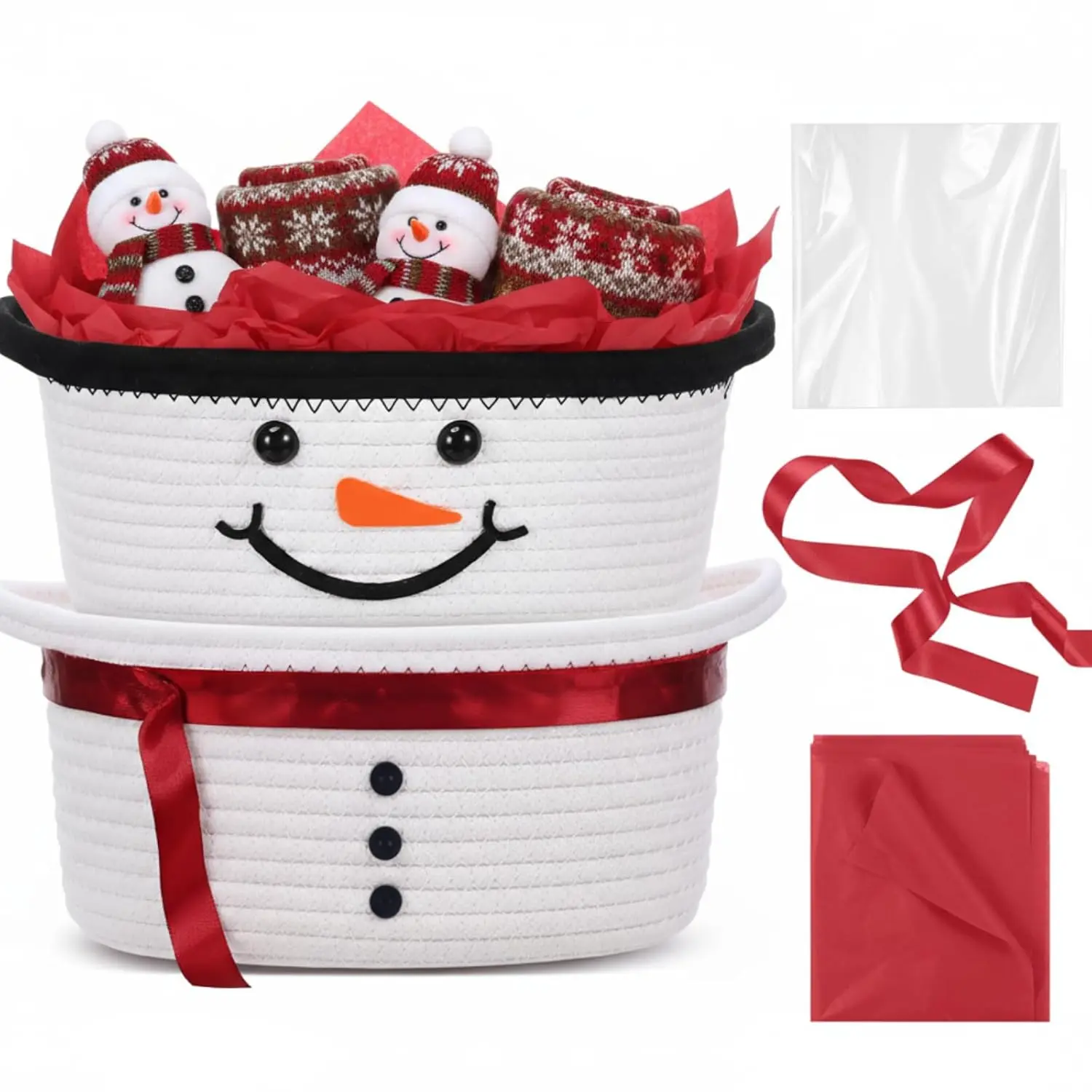 2 Pcs Christmas Woven Basket Set Party Gift Basket with Handles Gift Bag Ribbon Red Tissue Pape Multipurpose Basket Snowman Woven Storage Bin Durable Basket for Christmas Gifts, 12 x 8 x 5 inch