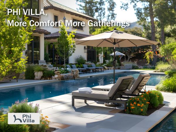 [Base & Lights] PHI VILLA 15 ft Extra Large Patio Umbrella with 36 LED Lights, Metal Construction, Includes Base, Heavy Duty for Pool Garden Backyard Outdoor Modern Design