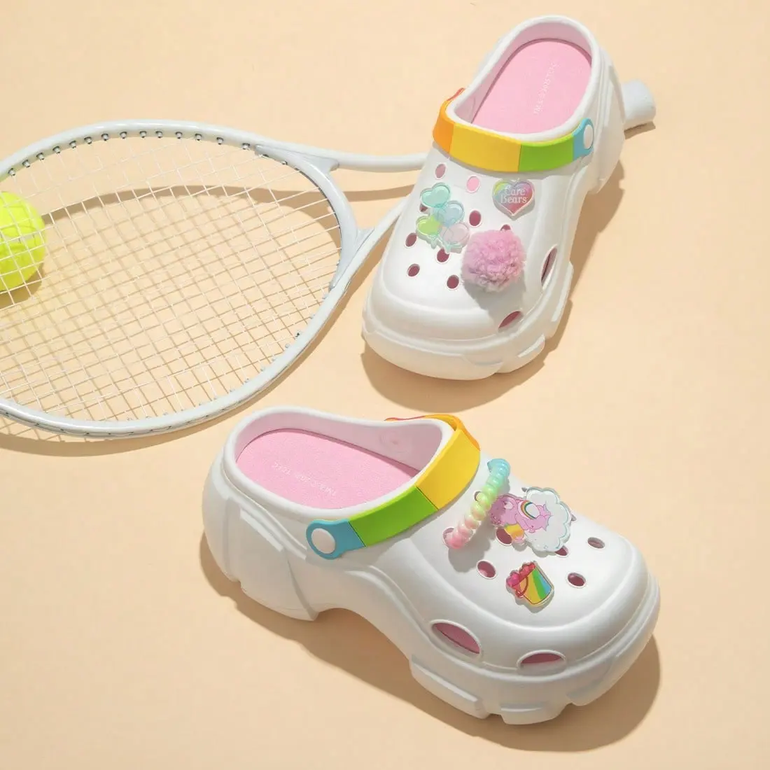 Care Bear Series Furry Thick-soled Fashion Slippers Women Sandals Comfortable Summer Girl Casual Footwear Walking Shoes Tsinelas Parent Cozyvibes Stylish Punk Clogs Marbled Clog with Rainbow Charm, Back To School