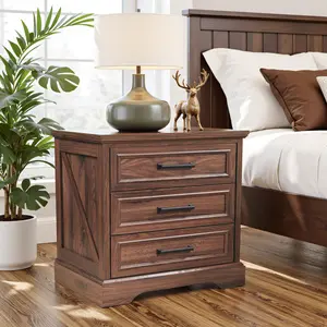 LINGMU Rustic nightstand with built-in charging station, modern style bedside table, perfect for small spaces in bedrooms and living rooms, kids’ nightstand/children’s nightstand, 3-drawer nightstand