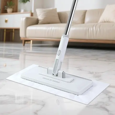 Sturdy Cleaner Wand Mop - 40-in Long Handle with 4 Metal Poles, Adjustable Flat Clip, 1.2lb Touchless Plug-and-Play Tool, Rotate Feature, 5 Indoor Linen Dry Cloths, Wet/Dry, DIY Pad Friendly, Safe on Wood Tile Vinyl for Dorm Home Floor Cleaning