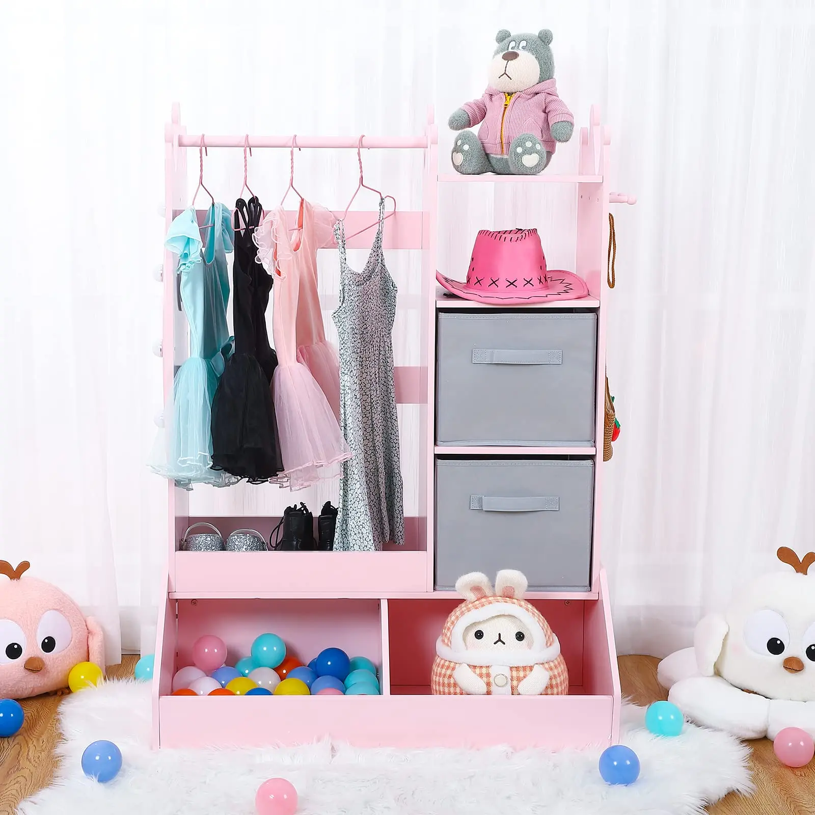 Gaomon Girls' Closet Storage Organizer with Light & Mirror, Open Hanging Armoire with Storage Bin, Pink Kids Clothing Rack (45x32x19 in) for Christmas, Birthday Gifts, Living Rooms