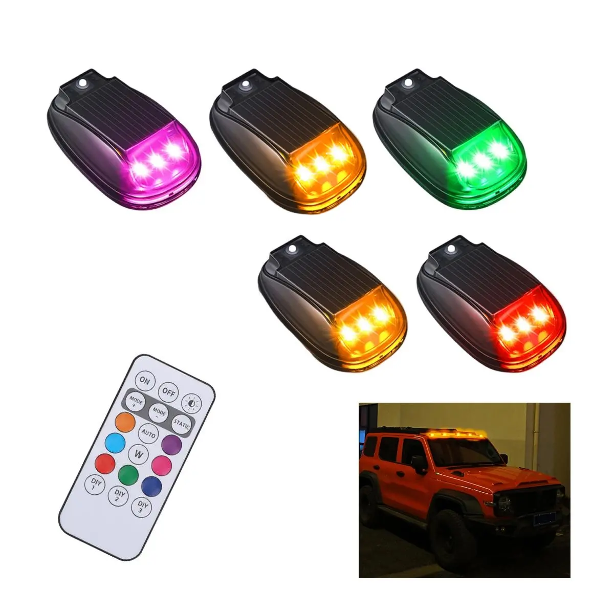 5pcs Solar Powered Car Roof Light, Eight Colors Car Cab LED Light, No Drill Car Cab Light, Car Lighting Accessories, Car Decorative Light, Auto Decorative Light, Universal Car Accessories for Pickup Trucks Suv, Led Car Lights