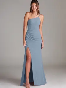 Azazie Eren Sheath One-Shoulder Double-Strap Pleated Bridesmaid Wedding Guest Formal Dress