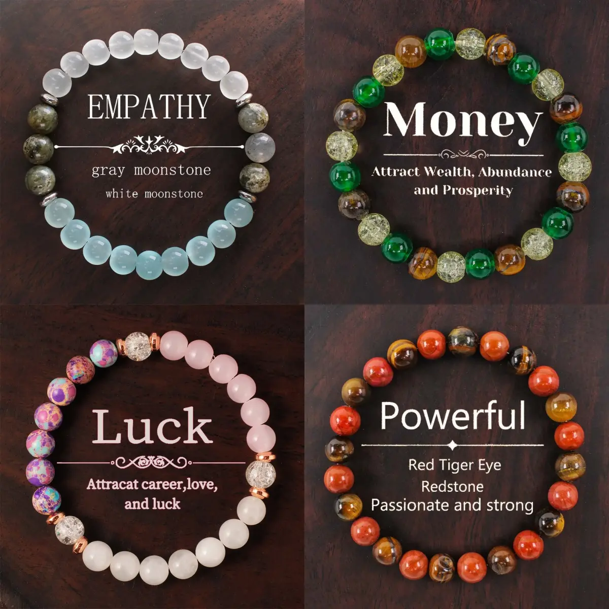 Women's 4pc Bohemian Crystal Bracelet Set, Layered Gemstone Costume Jewelry with Meaningful Charms for Luck and Money, Crystals Bracelets, Boho Style Bracelet