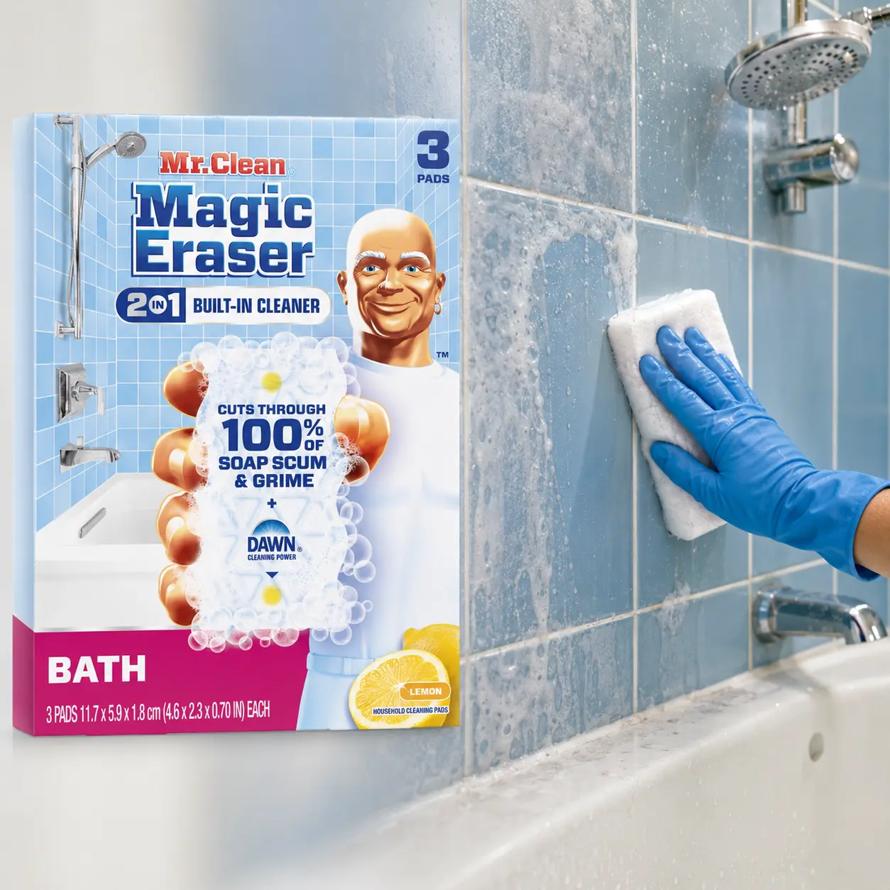 Mr. Clean Magic Eraser Bath Cleaning Sponge 3 ct,active cleaner,wet squeeze erase,suds activation,stubborn messes,toothpaste,makeup,vanities,bathtub,shower walls,glass doors,ceramic tile,porcelain,chrome fixtures,counters,wall scuffs,fast bathroom cleanup