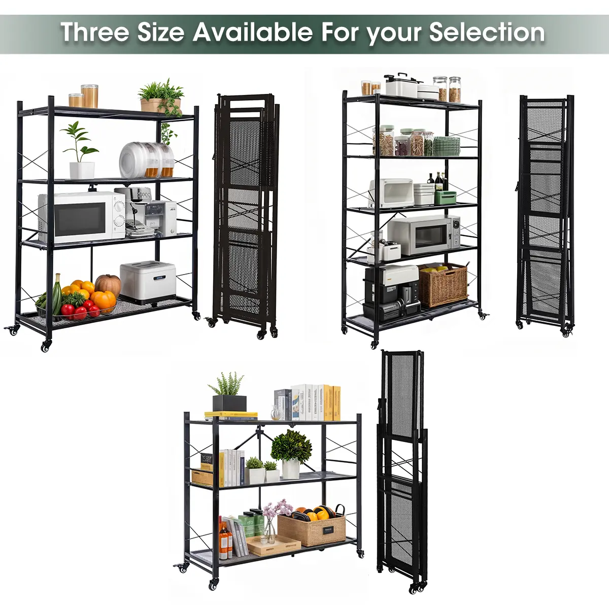 Grezone 3/4/5-Tier Heavy-Duty Steel Rectangle Household Mobile Folding Trolley - 100lb Capacity, Smart-Lock Wheels, Quick Flip Top Shelf, Airflow Wire Shelves, Rolling Cart for Home Kitchen Organization (Mother's Day Gift)